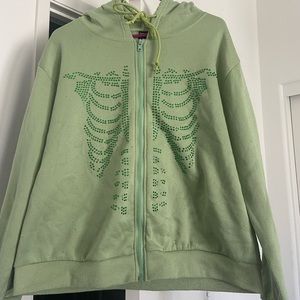 Rhinestone Skeleton Pattern Drawstring Thermal Hoodie